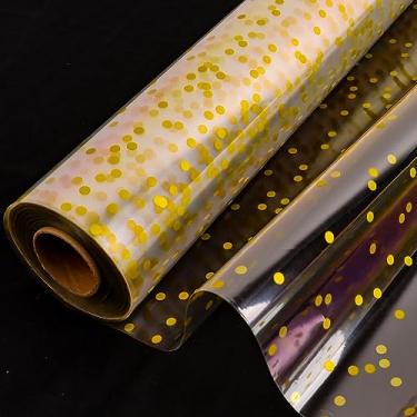 Imagem de CMFYHM Rolo de celofane transparente (86 cm x 30 pés) 3 mil, celofane dourado de bolinhas, papel de celofane, embrulho de celofane para presentes, cestas, flores, decorações de festa
