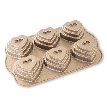 Imagem de Forma para 6 Mini Bolos Tiered Heart Cakelet em Alumínio Fundido Nordic Ware Cobre/Prata