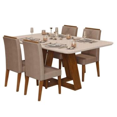 Imagem de Mesa De Jantar Kiara Freijó Off White Com 4 Cadeiras Yasmin Freijó Veludo Kraft - Dj Móveis
