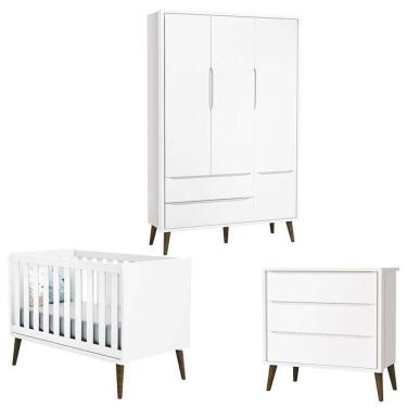 Imagem de Quarto De Bebê Theo 3 Portas Branco Acetinado Com Pés Amadeirado - Reller