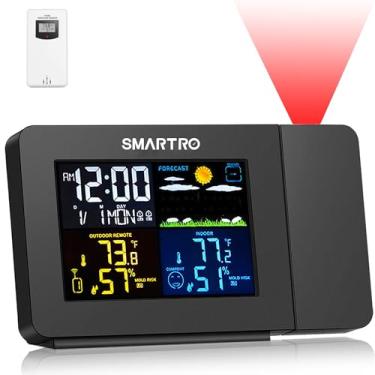 Imagem de Relógio despertador de projeção SMARTRO SC91 para quartos com estação meteorológica, termômetro interno e externo sem fio, monitor de temperatura e umidade, medidor e higrômetro