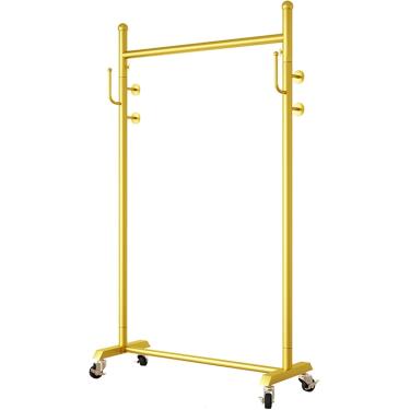Imagem de Rack de roupas elegante com rodas, trilho de roupas independente com ganchos laterais, organizador de roupas com rodinhas para quarto, lavanderia, capacidade de carga 176 libras, ouro, 150x3