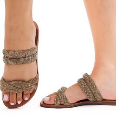 Imagem de Sandália Feminina Rasteira Tiras Com Strass Dourado Ana Brilho Gloss-Feminino