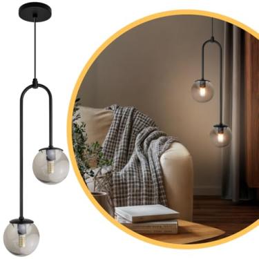 Imagem de Lustre Luminária Pendente Canne Light Preto 2 Globos de Vidro Cristal Fumê Ø10cm