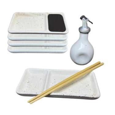 Imagem de Kit 4 Pessoas Oriental com Prato Divisória para Shoyu Porcelana Creme Comida Japonesa Jogo Mesa