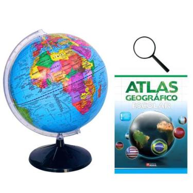 Imagem de Globo Terrestre Político Giratório Mapa Mundi + Atlas Geográfico + Lup