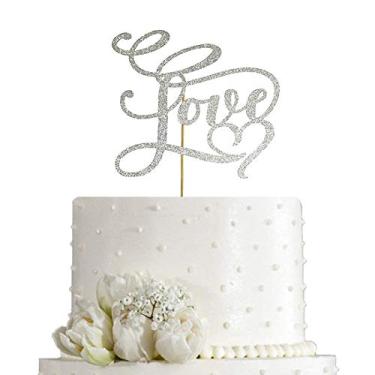 Imagem de Enfeite de bolo de amor - artigos de decoração de casamento/noivado/chá de panela/aniversário/aniversário/despedida de solteira/festa de confissão, glitter prata dupla face