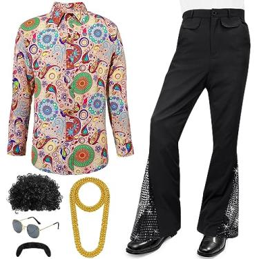 Imagem de 6 peças masculinas 70 anos 80 roupa discoteca fantasia calça de sino de dança calças retrô camisas bigode óculos de sol perucas colar, Conforme mostrado na imagem, M