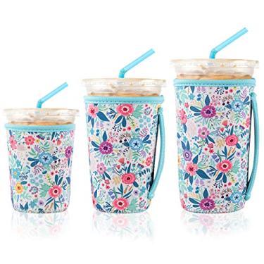 Imagem de Pacote com 3 mangas de café gelado reutilizáveis para xícaras de café gelado ou bebidas reutilizáveis com isolamento de neoprene para bebidas quentes e frias da Starbucks, Dunkin e mais (arbusto de flores brancas)