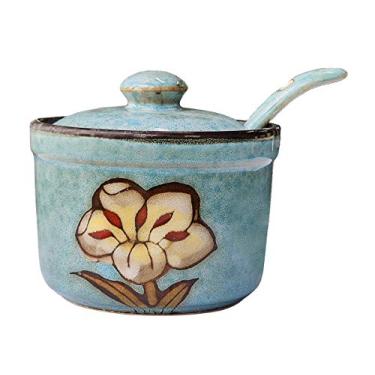 Imagem de Pote de tempero 123Arts cerâmica retrô flor de açúcar saleiro pote de armazenamento de pimenta com tampa e colher, Azul, free