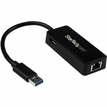 Imagem de StarTech.com Adaptador Ethernet USB 3.0 - Adaptador de rede USB 3.0 NIC com porta USB - USB para RJ45 - USB Passthrough (USB31000SPTB), preto, 1,8 cm x 3,5 cm x 12,7 cm x 12,7 cm