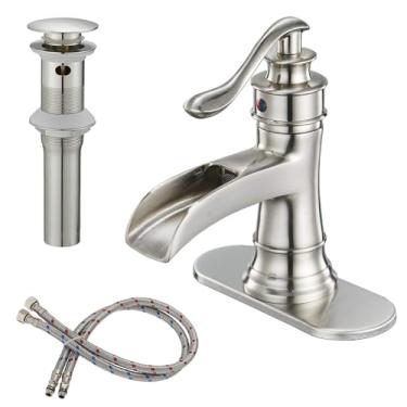 Imagem de BWE Torneira de banheiro níquel escovado cachoeira de furo único combinando rolha de drenagem pop up torneiras de pia torneiras de lavatório vaso de banheiro cetim comercial com mangueira de abastecimento de água