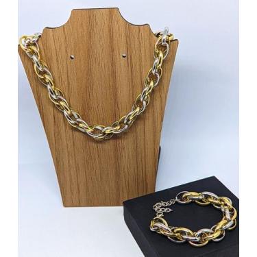 Imagem de Kit Conjunto Colar Choker e Pulseira Corrente elos Grosso Oval Duplo M