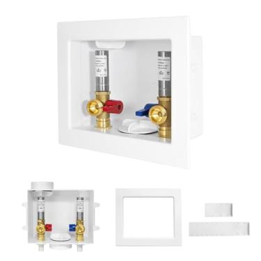 Imagem de 1 PACOTE Caixa de tomada de máquina de lavar GUOFIS com prendedor de martelo de aço inoxidável, caixa de lavadora de roupas PEX com design de dreno central e lateral (entrada de conexão CPVC de 1/5.1