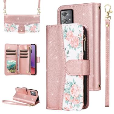 Imagem de Furiet Capa carteira floral para Motorola Moto G84 5G com zíper alça de ombro, suporte de cartão de couro PU com glitter de luxo acessórios para celular G 84 2023 feminino ouro rosa