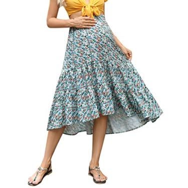 Imagem de FUNJULY Vestido de maternidade feminino cintura alta estampa floral plissada saia maxi casual rodada rodada saia longa verde laranja G