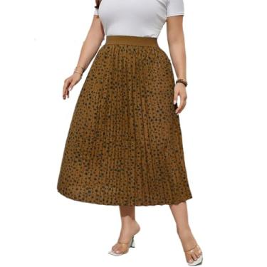 Imagem de KOJOOIN Saia plissada plus size plus size saia elástica cintura boho saias midi plus size para mulheres curvilíneas, Pontos marrons, 4G