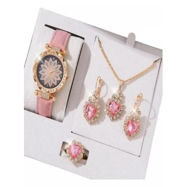 Imagem de Kit Feminino Pedra Cravejada + Relógio Rosa Banhado a Ouro - ToJoia18k