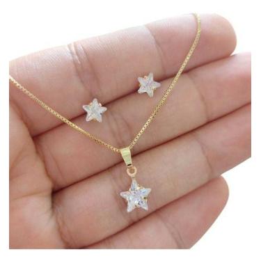 Imagem de Conjunto Colar E Brinco Pedra Zirconia Estrela Banhado Ouro - De Castr