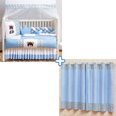 Imagem de Kit Protetor Berço Trança Americano Urso Rei Azul Menino 11 peças+Cort