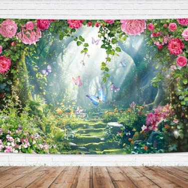 Imagem de Imirell Pano de fundo encantado de fadas 17 x 13 cm de altura, conto da floresta, verde, flor, borboleta, tecido de poliéster, aniversário, casamento, fotografia, fundos, fotos, decoração, adereços