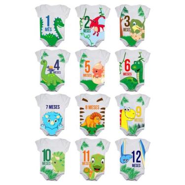 Imagem de Body de Bebê Mesversario Dinossauros Kit Com 12 Bodies de Neném - Calu