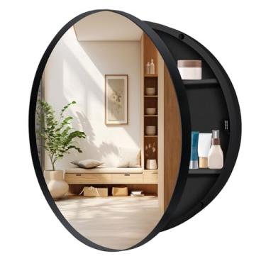 Imagem de Armário de remédios redondo de 61 cm com espelho, armário de remédios de banheiro preto para parede com moldura de metal, armário de armazenamento circular apenas para montagem em superfície com
