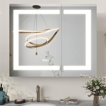 Imagem de MIRPLUS Armário de remédios de banheiro de 91 cm x 76 cm com espelho, embutido ou montado na parede grande armário de espelho de banheiro, espelho de LED antiembaçamento com 3 luzes coloridas