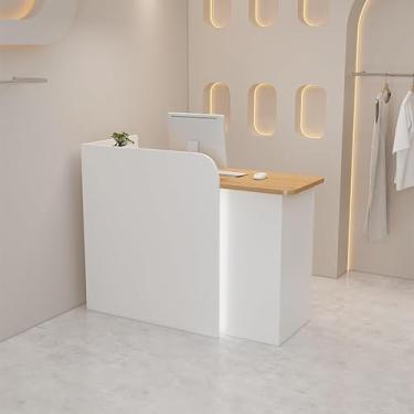 Imagem de Balcão de recepção moderno balcão de recepção com gavetas bloqueáveis balcão de empresa balcão frontal com balcão para supermercado hotel loja de roupas leiteira, grão de madeira + branco, 80 x 50 x