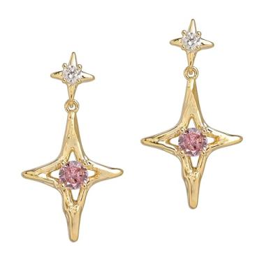 Imagem de Sonateomber Brincos de pingente de gota de estrela dourada para mulheres, pedra do mês de nascimento com strass brilhante, estrelas de quatro pontas, brincos pendurados, brincos de formatura, moda,