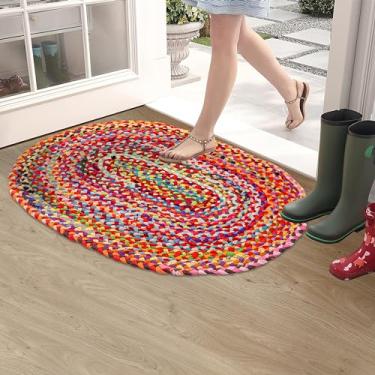 Imagem de RIANGI Tapete de algodão trançado Chindi - Tapete oval de algodão de 7,8 x 9,5 m tapete oval boho para sala de estar tapete de área marrom - Tapete oval chinês de algodão reversível - Tapetes de sala de jantar para debaixo da mesa