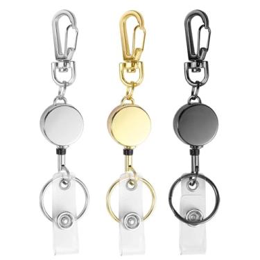 Imagem de bolimoss Chaveiro retrátil com 3 peças, carretéis retráteis para cartão de visita, suporte de crachá retrátil de metal com chaveiro retrátil, chaveiro com clipe de mosquetão (prata, ouro, preto)