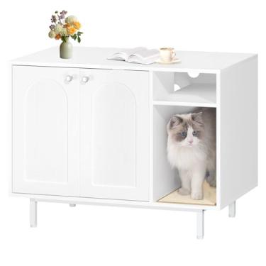 Imagem de Hzuaneri Caixa de areia para gatos fechada, armário de caixa de areia oculta com armazenamento, casa interna de madeira para gatos grande, mesa de canto moderna para entrada da sala de estar, branca