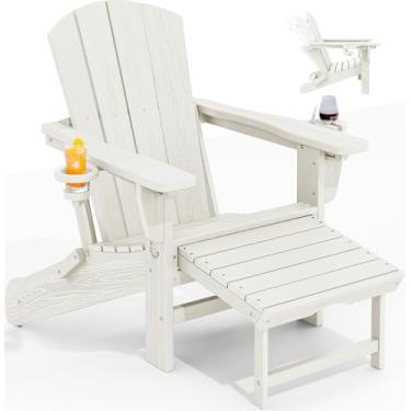 Imagem de KINGYES Cadeira dobrável ajustável Adirondack com otomano e 2 porta-copos, cadeira reclinável HDPE Adirondack com apoio para os pés, branca