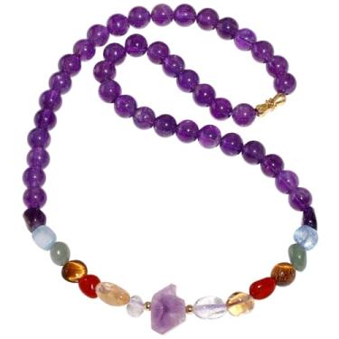 Imagem de Lightock Colar feminino de 7 chacras com cristais rolados de 45,7 cm com contas de ametista crua Reiki, pedra do mês de fevereiro, Gema, Ametista
