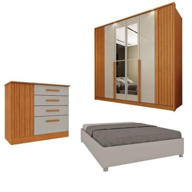 Imagem de Quarto Completo 1 Guarda-Roupa com Espelho 1 Cômoda Ripado Nova York e 1 Cama Casal Mônaco Espresso Móveis Cinamomo/Off White