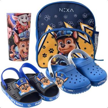 Imagem de Kit Babuche Infantil Sandália Com Bolsa Grande E Copo Masculino Patrul