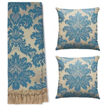 Imagem de Jogo Manta Xale para Sofá Artesanal com Franjas 1,40 x 1,80 com 2 Capas de almofadas (63 AZUL E CINZA)