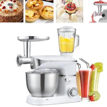 Imagem de Batedeira multifuncional 3 em 1, 6,5 L 1300 W, cabeça inclinável de 6 velocidades, batedeira elétrica de cozinha, moedor de carne, liquidificador de suco, com gancho para massa, batedor
