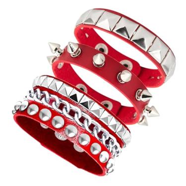 Imagem de Tosmifairy Conjunto de 3 pulseiras masculinas de couro sintético cravejadas punk-rock Y2K emo acessórios de pulseira larga para meninos ou meninas adolescentes, One Size, Couro sintético, Sem pedras
