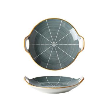 Imagem de Prato redondo de 22,88 cm estilo nórdico minimalista cor de esmalte duplo, prato de cerâmica para refeições domésticas - prato redondo de orelha dupla de 23 cm - cinza escuro