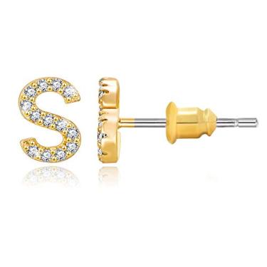 Imagem de Brincos com inicial folheados a ouro 14 K zircônia cúbica brincos de letras pequenas personalizados brincos de pino CZ pequeno para mulheres e meninas Dourado
