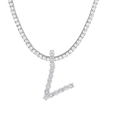 Imagem de Colar com inicial Jacruces prata grande pingente de letra inicial colar corrente de tênis Bling CZ inicial letra colar 45,7 cm + extensor de 5 cm