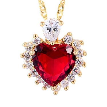 Imagem de RIZILIA Pingente de coração do oceano com corrente de 45,72 cm e corte de coração CZ [5 cores disponíveis] banhado a ouro amarelo, simples moderno elegante, Rubi artificial