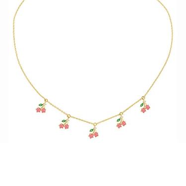 Imagem de Gargantilha feminina delicada de frutas frescas banhada a ouro 14 K, zircão cúbico, cereja, abacaxi, morango, colar com pingente de cristal colorido para mulheres, 15.75 inches, Metal, Cristal