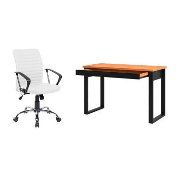 Imagem de Conjunto de Mesa Anah 1 gv Freijó e Preta com Cadeira de Escritório Diretor Giratória Oslo Branca