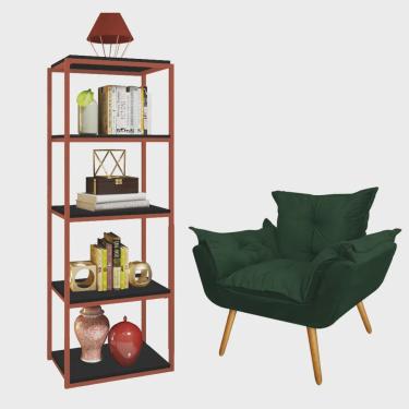 Imagem de Kit Poltrona Fatte com Estante Livreiro Ferro Bronze mdf Preto Suede Verde Musgo - Ahazzo Móveis