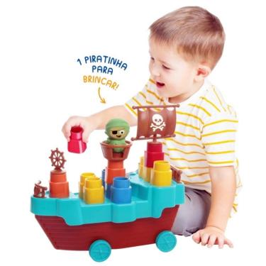 Imagem de Blocos De Montar Infantil Barco Pirata Fofo 13 Peças - Elka Brinquedos