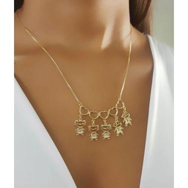 Imagem de Colar 5 Filhos Com Coração Vazado Banhado a Ouro -3 Meninas e 2 Menino