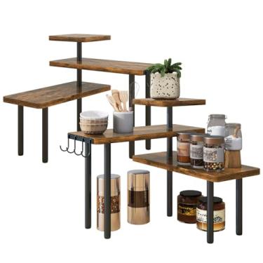 Imagem de IBUYKE Organizador de bancada, prateleiras de temperos de 3 camadas, conjunto de 2, prateleira de canto de balcão de cozinha, 4 ganchos laterais, prateleira de bancada ajustável para cozinha, banheiro